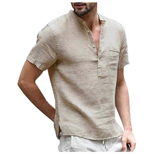Sprifloral t-shirt da uomo tinta unita in lino manica corta t-shirt con tasca sul petto m-3xl cachi m