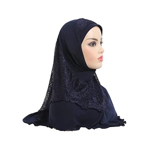 Lmtossey ultime musulmani grandi ragazze hijab con strato di pizzo sciarpa islamica cappello arabo donne avvolgere ramadan pray cappelli blu navy