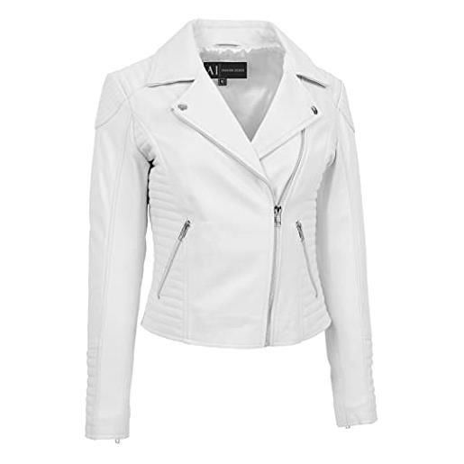A1 FASHION GOODS bella - giacca da motociclista da donna, in vera pelle, trapuntata, colori assortiti, bianco, 52