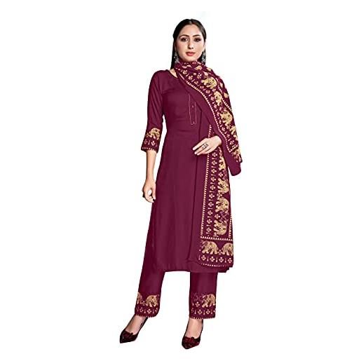 STYLE INSTANT kurti indiano da donna con pantaloni dupatta, abito con stampa in lamina di rayon kurtis kurta per top da donna, vino, xxl