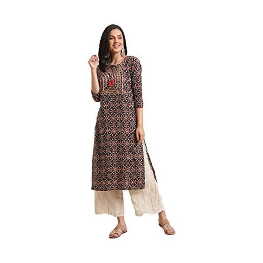 Vastraghar kurtis - tunica indiana da donna, in cotone o rayon, pronta da indossare, blu navy e beige. , x-large