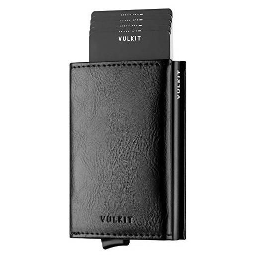 VULKIT porta carte di credito schermato rfid portafoglio uomo bifold in pelle pop up automatico e porta banconote tasca monete con zip, nero