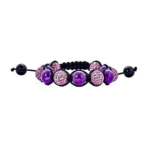 Bling Jewelry braccialetto ispirato allo shamballa con perle di ametista viola e palla di cristallo pavé adatto sia per uomini che per donne con cordino nero regolabile