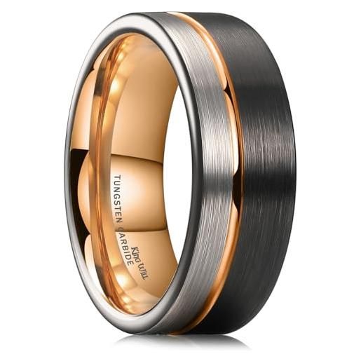 King Will anello in carburo di tungsteno con anello in oro rosa, 8 mm, colore: nero e argento spazzolato, z+1(69.74mm), tungsteno, nessuna pietra preziosa