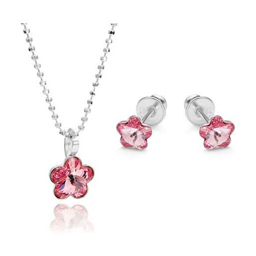 butterfly bambine ragazze set composto da catena e orecchini argento 925 ciondolo blumer portafortuna rosa lunghezza regolabile confezione ecologica regalo di compleanno
