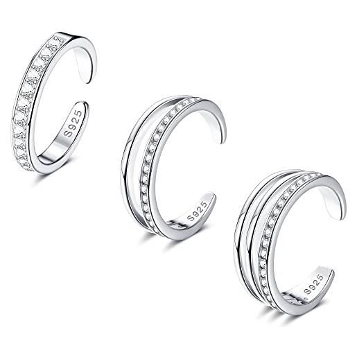 ORAZIO 3pcs 925 anelli da punta in argento sterling per donne anelli da punta aperta regolabili banda di zirconia cubica set di anelli da punta set di gioielli da spiaggia estiva per piedi