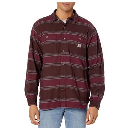 Carhartt rugged flex relaxed fit midweight flannel fleece-lined shirt camicia da lavoro button down, dark brown stripe, s uomo