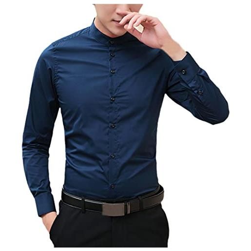 Dninmim camicia da uomo in cotone con colletto alla coreana a maniche lunghe da uomo, camicia blu scuro, xl