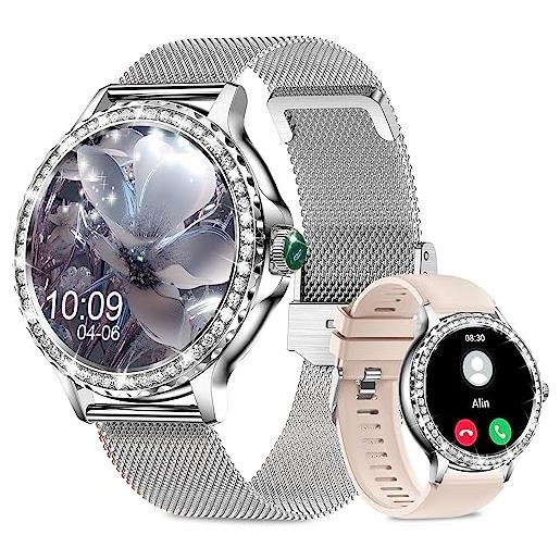 Fitonus smartwatch donna chiamate bluetooth 5.2, 1,3'' hd orologio smart watch diamante con 2 cinturini/110+ sport/spo2/sonno/cardiofrequenzimetro, orologi digitale ip68 per android ios, argento