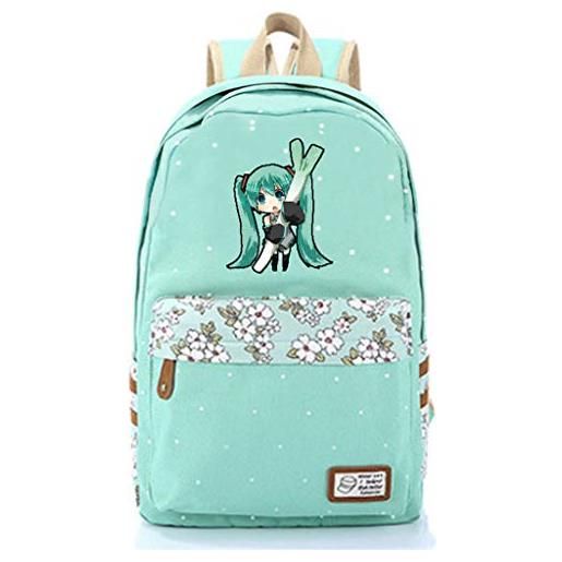 WANHONGYUE hatsune miku anime fiori borsa da scuola zaino casual per studente viaggio backpack /9 verde