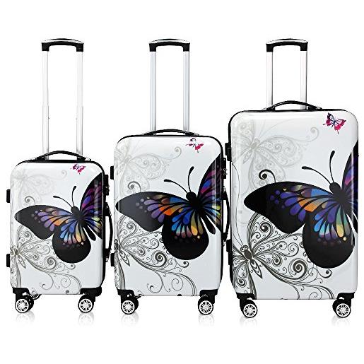 Deuba monzana set di valigie 3 pz trolley rigida butterfly con lucchetto rotelle 360° bagaglio a mano valigia m l xl