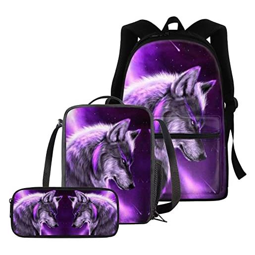 chaqlin set di zaini per ragazzi e ragazze, set di 3 pezzi bagpack+thermal lunchbox+astuccio per matite, galaxy space wolf, zaino per bambini