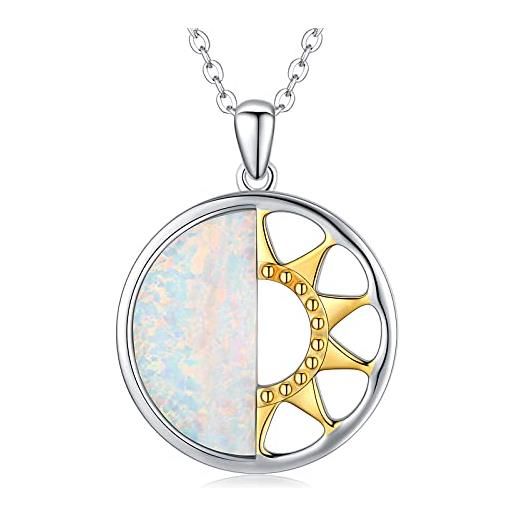 KINGWHYTE collana con ciondolo a forma di sole e luna, in argento sterling 925, con opale e luna, idea regalo per donna, fidanzata, figlia, argento sterling