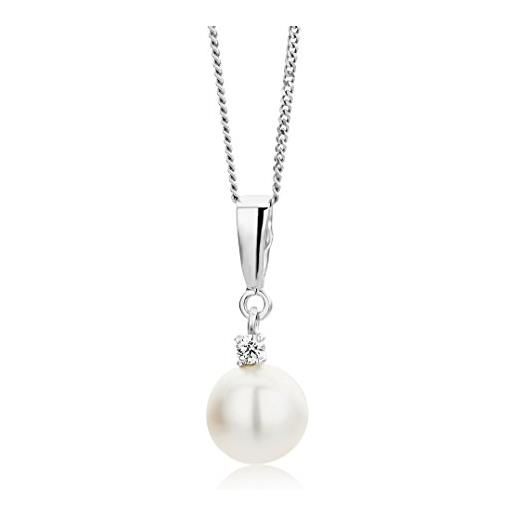 Miore collana donna perla di fiume con catena, con diamante taglio brillante oro bianco 9 kt / 375 catenina cm 45