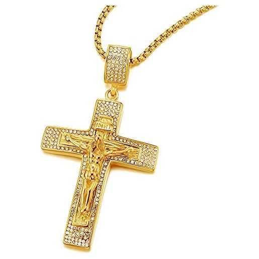 COOLSTEELANDBEYOND oro collana con pendente gesù cristo crocifisso croce con zirconi, uomo donna acciaio ciondolo croce, catena grano 70cm