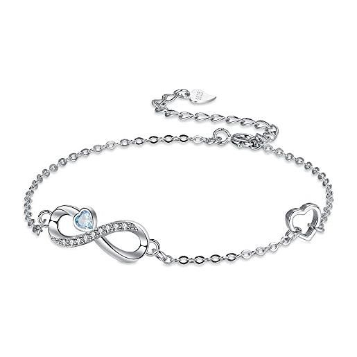 Arrebol bracciale infinito donna argento sterling 925 braccialetto simbolo infinity con cuore blu zirconi con scatola regalo, regolabile 16+4cm
