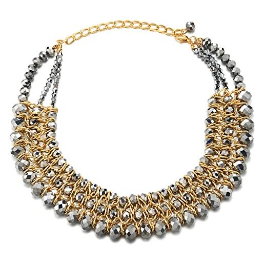 COOLSTEELANDBEYOND girocollo collana argento sfaccettato cristallo perline stringa perle oro intrecciato catena pendente tre filoni