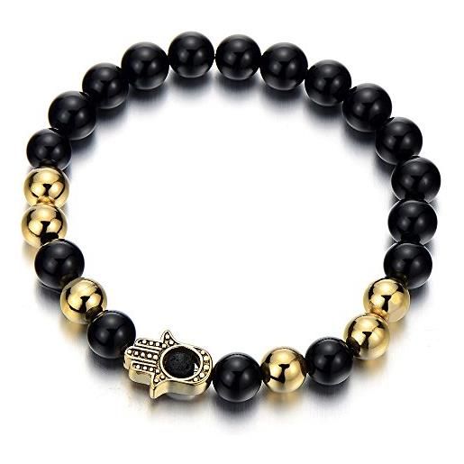 COOLSTEELANDBEYOND perle onice nero braccialetto acciaio oro hamsa mano di fatima protezione, bracciale uomo donna, buddhist prayer mala