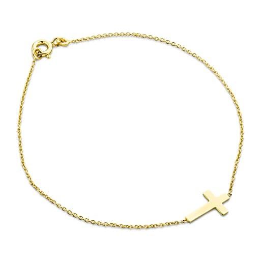 Miore bracciale donna con croce, catenina rolò in vero oro giallo 9 kt 375 con croce centrale, braccialetto croce anallergico prodotto in italia lungo cm 18. 