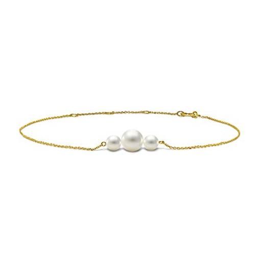 MIORE bracciale da donna in oro giallo 585 14 kt con 3 perle d'acqua dolce bianche, lunghezza 220 mm, 220 month, oro, perla