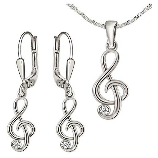 CLEVER SCHMUCK orecchini a forma di chiave di violino con zirconi e collana maglia singapore da 45 cm con ciondolo, in argento 925, da donna