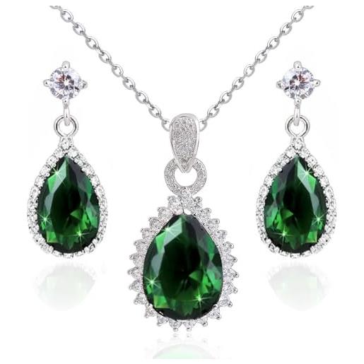Crystalline Azuria donna 18ct placcato oro bianco lacrima verde smeraldo simulato cristalli di zirconi parure collana con ciondolo 45 cm orecchini