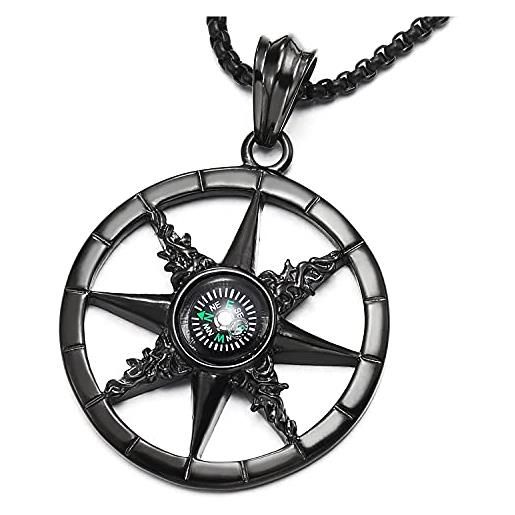 COOLSTEELANDBEYOND nero marino ruota bussola ciondolo, collana con pendente da uomo donna, acciaio inossidabile, palla catena 75cm