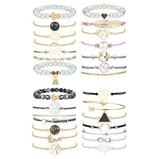 JeweBella 28 pezzi bracciale boemia set per donne ragazze polsino regolabile bracciale a strati ciondolo forma di turchese perline nappa braccialetto elastico regalo compleanno donna gioielli