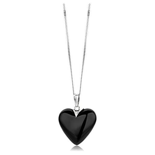 Miore collana donna con catena, cuore agata nera con diamante taglio brillante oro bianco 9 kt / 375 catenina cm 45