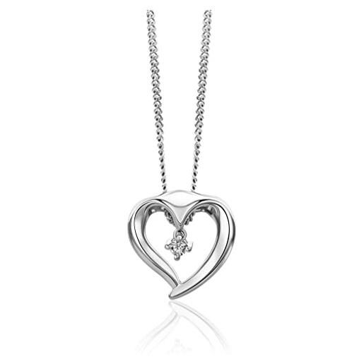 Miore collana donna cuore con catena, diamante taglio brillante ct 0.03 oro bianco 9 kt / 375 catenina cm 45