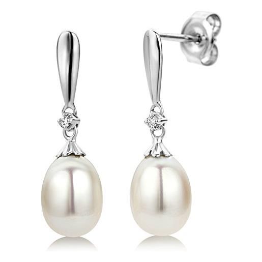 Miore - orecchini donna con perle e diamanti naturali in vero oro bianco 9kt 375, orecchini pendenti con perle coltivate e brillanti, boccole anallergiche - perno passante e farfalla a pressione. 