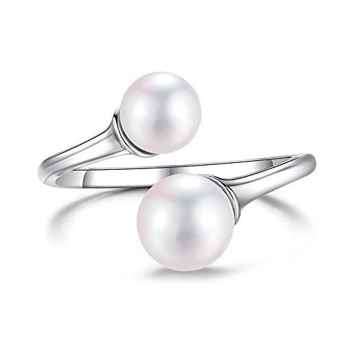 LUCKMORA anelli di doppia perle da donna in argento sterling 925 regolabile aperto con zirconia naturale rotonde coltivate d'acqua dolce perline anello ragazza (2p)
