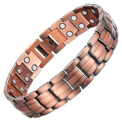 Rainso bracciale da uomo, bracciale magnetico in rame puro, bracciale magnetico da uomo, sollievo dal dolore per artrite, terapia a doppia fila, design del pulsante gioielli, in confezione regalo nera