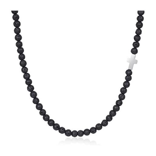 GAVU collana da uomo con perline di pietra lavica naturale con charm amuleto croce 50cm