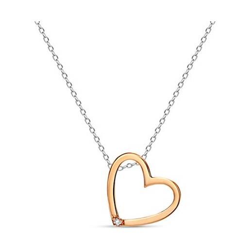 MIORE - collana cuore in oro rosa e bianco con diamante naturale, vero oro 9kt 375 - catenina con pendente cuore lucido e brillante - ciondolo anallergica con catena. Catenina lunga cm. 45. 