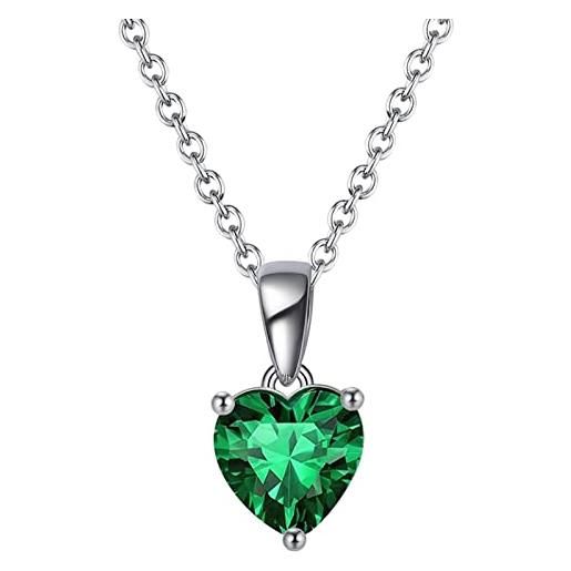 Bellitia Jewelry collana pendente donna cuore in argento sterling 925, ciondolo pietra preziosa di smeraldo, pietra natale di maggio, gioielli donna regalo amore per lei