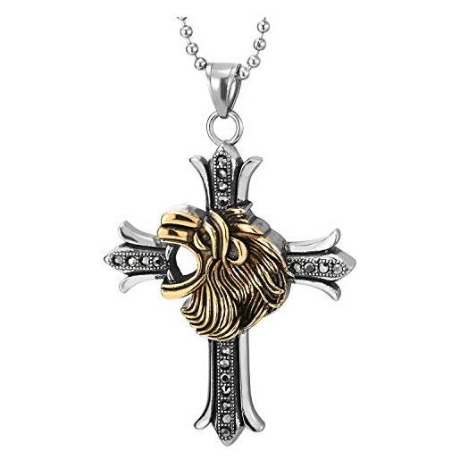 COOLSTEELANDBEYOND uomo donna argento nero oro annata testa di leone croce ciondolo, collana con pendente con zirconi, acciaio, catena 75cm
