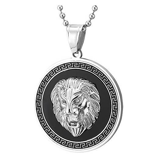 COOLSTEELANDBEYOND uomo acciaio testa di leone cerchio ciondolo collana pendente con zirconi, nero onice, motivo chiave greco, argento nero