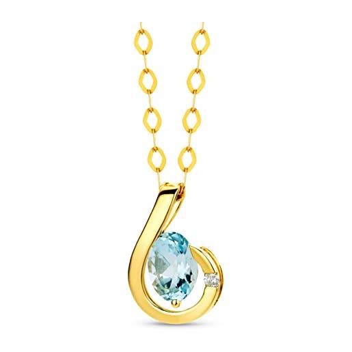 Miore collana donna con catena, topazio blu con diamante taglio brillante oro giallo 9 kt / 375 catenina cm 45