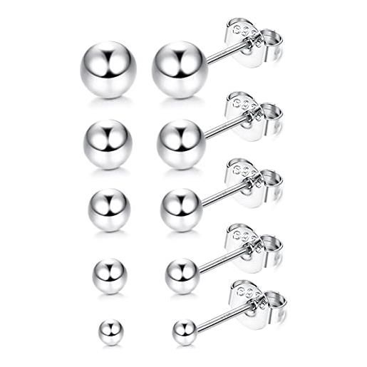 JeweBella 5 paio piccoli orecchini in argento 925 donna uomo orecchini a sfera tondi classici cartilagine ipoallergenico orecchini 2mm/3mm/4mm/5mm/6mm