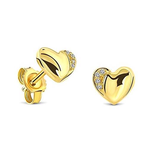 Miore orecchini donna cuore oro giallo con diamanti naturali, vero oro 18kt 750, orecchini cuore piccoli a lobo, bottone anallergici con perno passante chiusura a farfalla. 