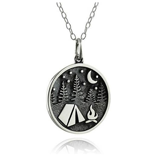 FashionJunkie4Life collana in argento sterling con ciondolo da campeggio, con alberi da tenda, luna e stelle, catena da 45,7 cm, metallo, metallo