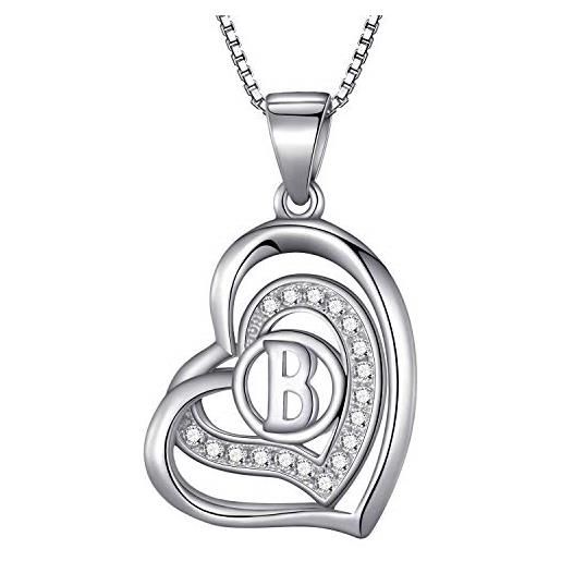Morella collana donna a forma di cuore lettera b con zirconi bianchi 46 cm argento 925 rodiato