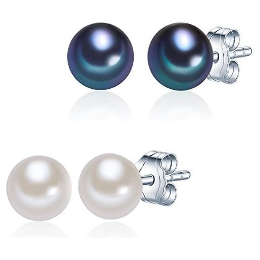 Valero Pearls set di 2 orechinni a lobo da donna in argento sterling 925 con rodio con perle coltivate d'acqua dolce bianco blu pavone 60020047
