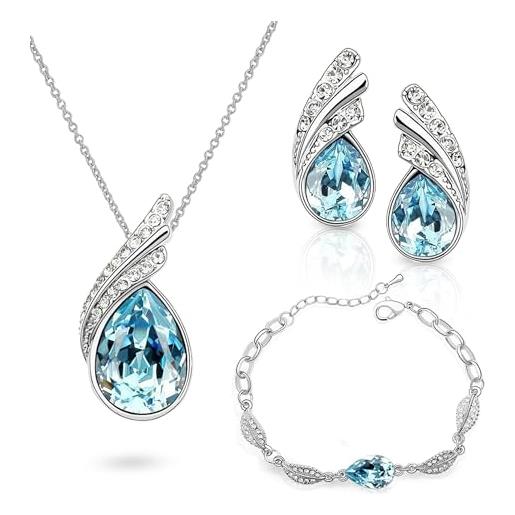 Crystalline Azuria donna 18ct placcato oro bianco lacrima cristalli blu acquamarina simulato parure collana orecchini bracciale