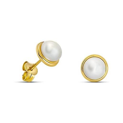 Miore orecchini perle donna, perle naturali, vero oro giallo 9kt 375, orecchini piccoli a lobo, bottone con perle coltivate, perno passante in oro. 