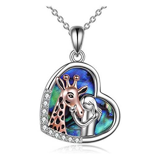 YFN ragazza con giraffa, orecchini, collana, bracciale per donna, argento sterling, giraffa, gioielli, regali per amante della giraffa (collana giraffa con conchiglia di abalone)