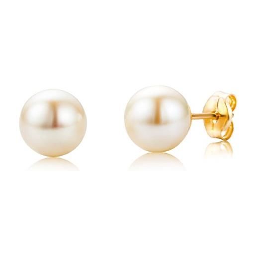 Miore orecchini perle donna, perle naturali, vero oro giallo 18kt 750, orecchini piccoli a lobo, bottone con perle coltivate, perno passante in oro. 