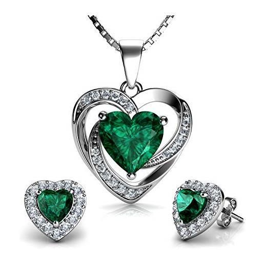 DEPHINI - parure collana e orecchini a cuore verde - argento sterling 925 - orecchini con cristallo e pietra portafortuna - set di gioielli da donna - zirconia cubica