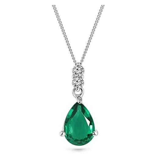 MIORE collana da donna 9 ct in oro bianco 375 con pendente in smeraldo verde piriforme e diamante naturale 0.06